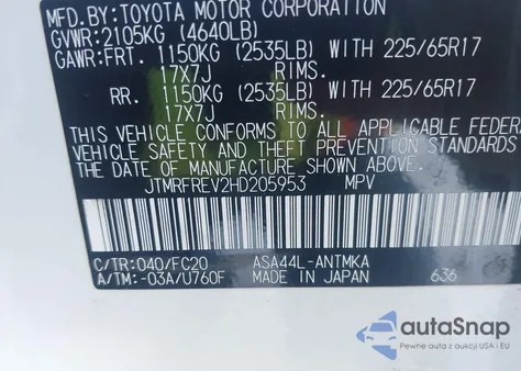 2017 Toyota Rav4 Xle z USA, uszkodzony, nr VIN JTMRFREV2HD205953